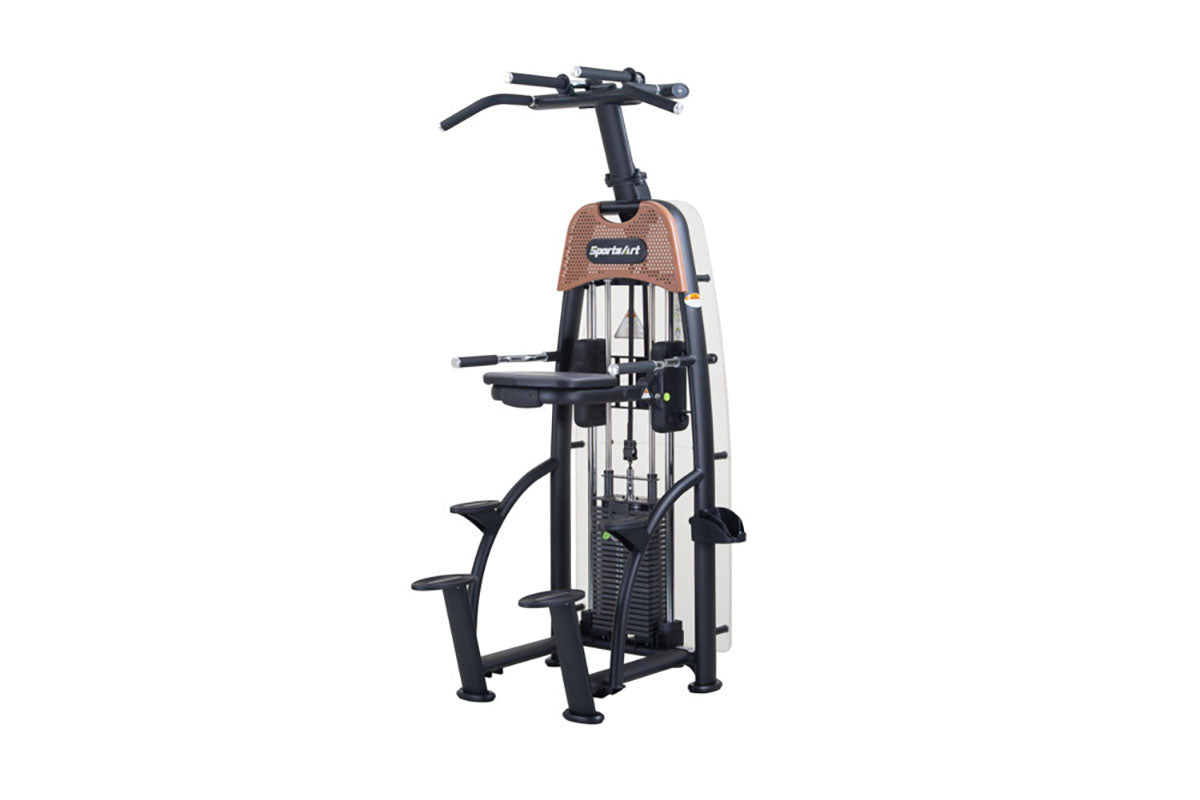 The SportsArt N911 Status is an assisted dip machine and assisted chin up trainer that builds upper body strength and endurance.