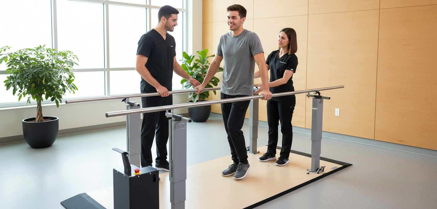 Armedica parallel bars physical therapy equipment featuring a 15-foot 3-piece platform and stainless steel handrails.