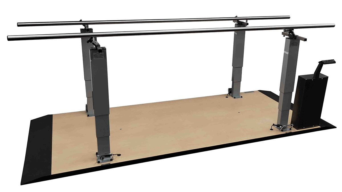 Armedica rehab parallel bars with heavy-gauge stainless steel handrails and a split-platform for gait training.