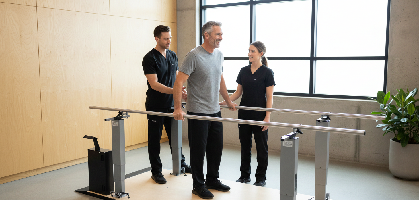 Armedica rehab parallel bars with heavy-gauge stainless steel handrails and a split-platform for gait training.