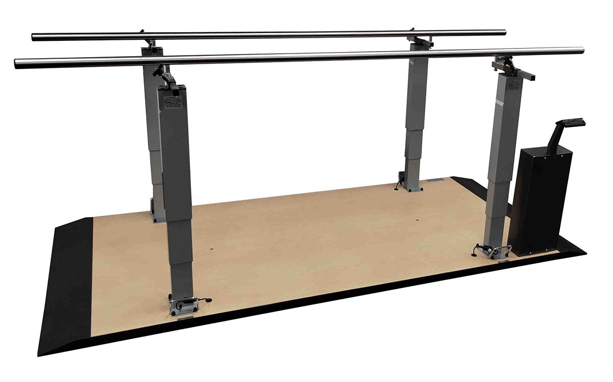 Armedica adjustable parallel bars featuring a motorized digital display and heavy-gauge stainless steel rails for elite therapy.