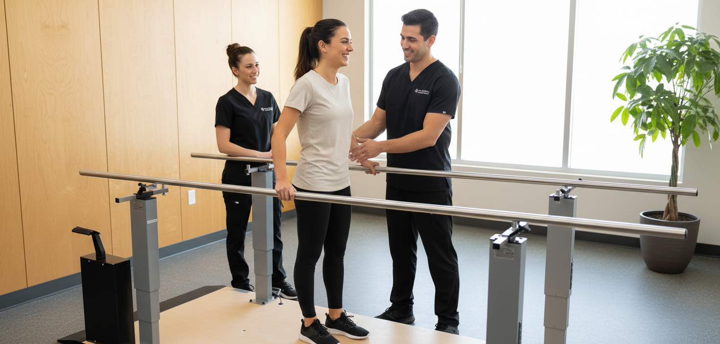Armedica adjustable parallel bars featuring a motorized digital display and heavy-gauge stainless steel rails for elite therapy.