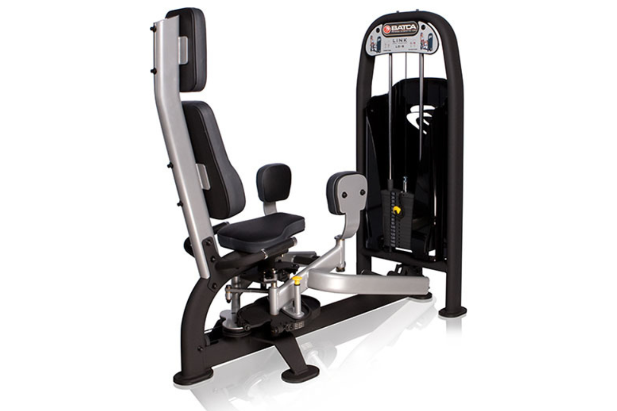 The Batca Link Inner/Outer Thigh is a inner thigh machine with rotating kneepads, dual footrests, and supportive back pad for leg training.