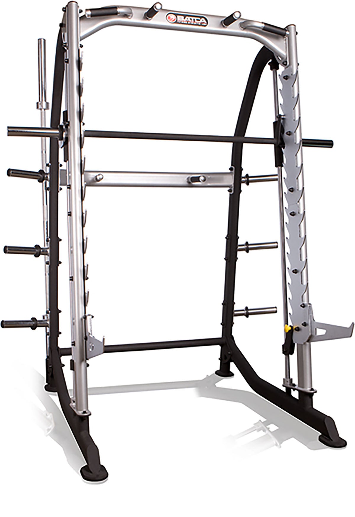 Smith Trainer featuring free bar safety catches and integrated weight holders for controlled workouts