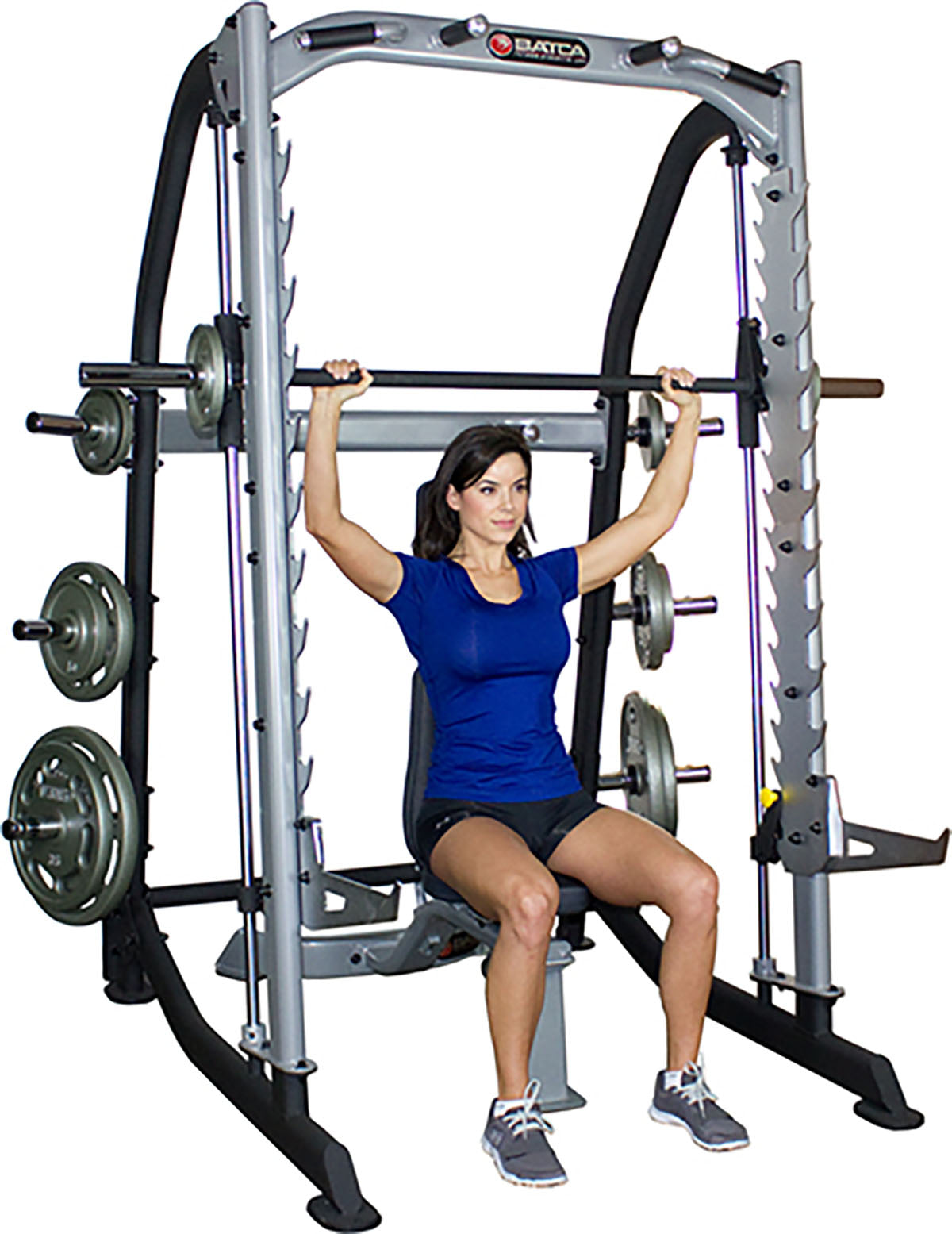 Smith Trainer featuring free bar safety catches and integrated weight holders for controlled workouts