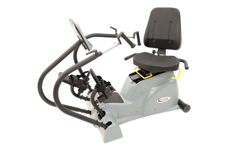 The PhysioStep LXT recumbent cross trainer featuring an oversized swivel seat and linear stepping pedals for easy access.