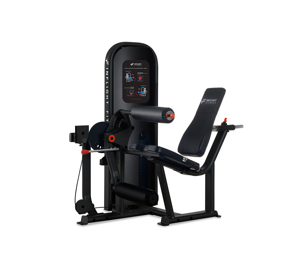 Inflight Fitness Seated Leg Extension/Leg Curl is a Leg extension and leg curl machine with adjustable pads for comfortable lower-body training.