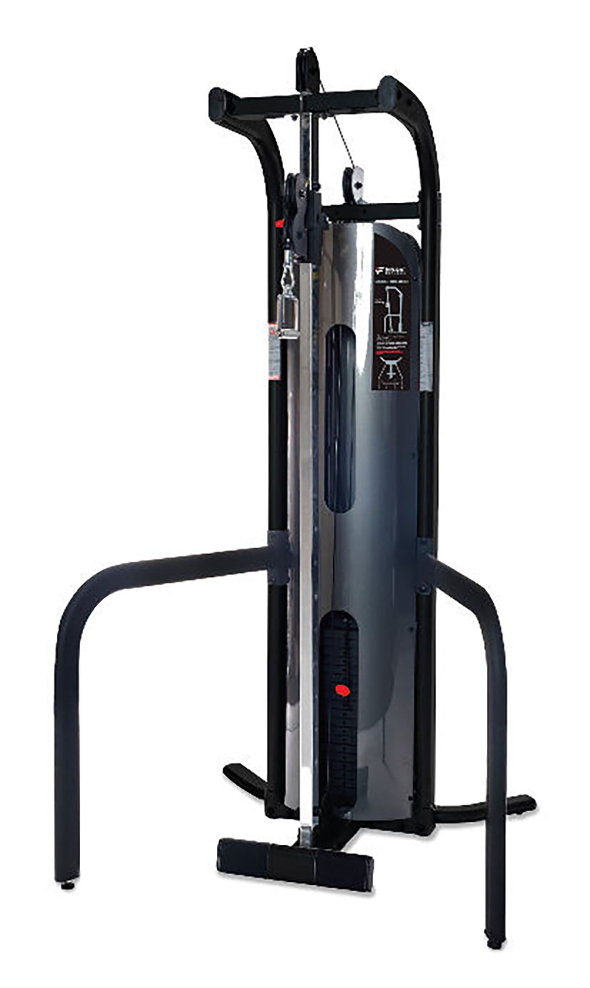 Versatile cable column with 17 height settings and chrome stirrup handles for full-body functional strength training.