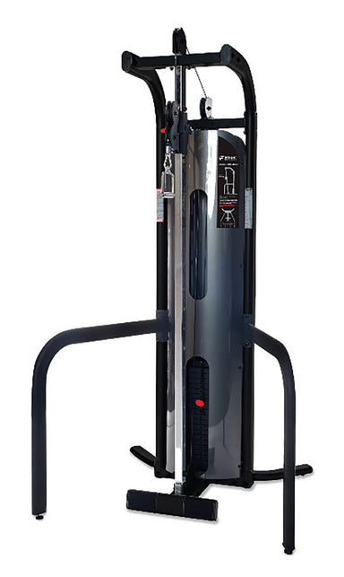 Versatile cable column with 17 height settings and chrome stirrup handles for full-body functional strength training.