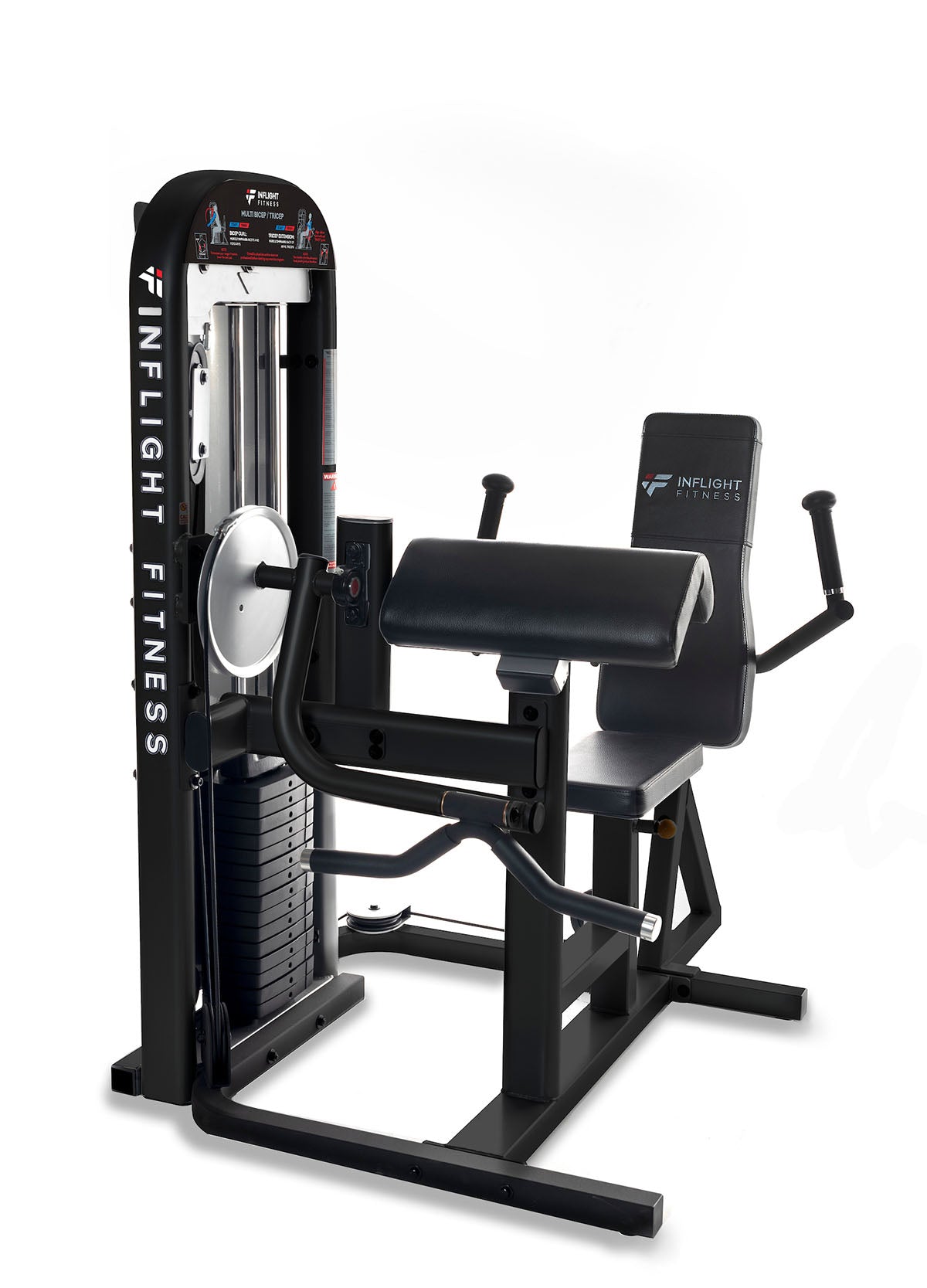 Dual-function bicep and tricep machine with a platinum finish, adjustable seat, and non-absorbent foam grips for arm workouts.