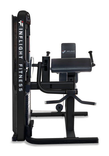 Dual-function bicep and tricep machine with a platinum finish, adjustable seat, and non-absorbent foam grips for arm workouts.