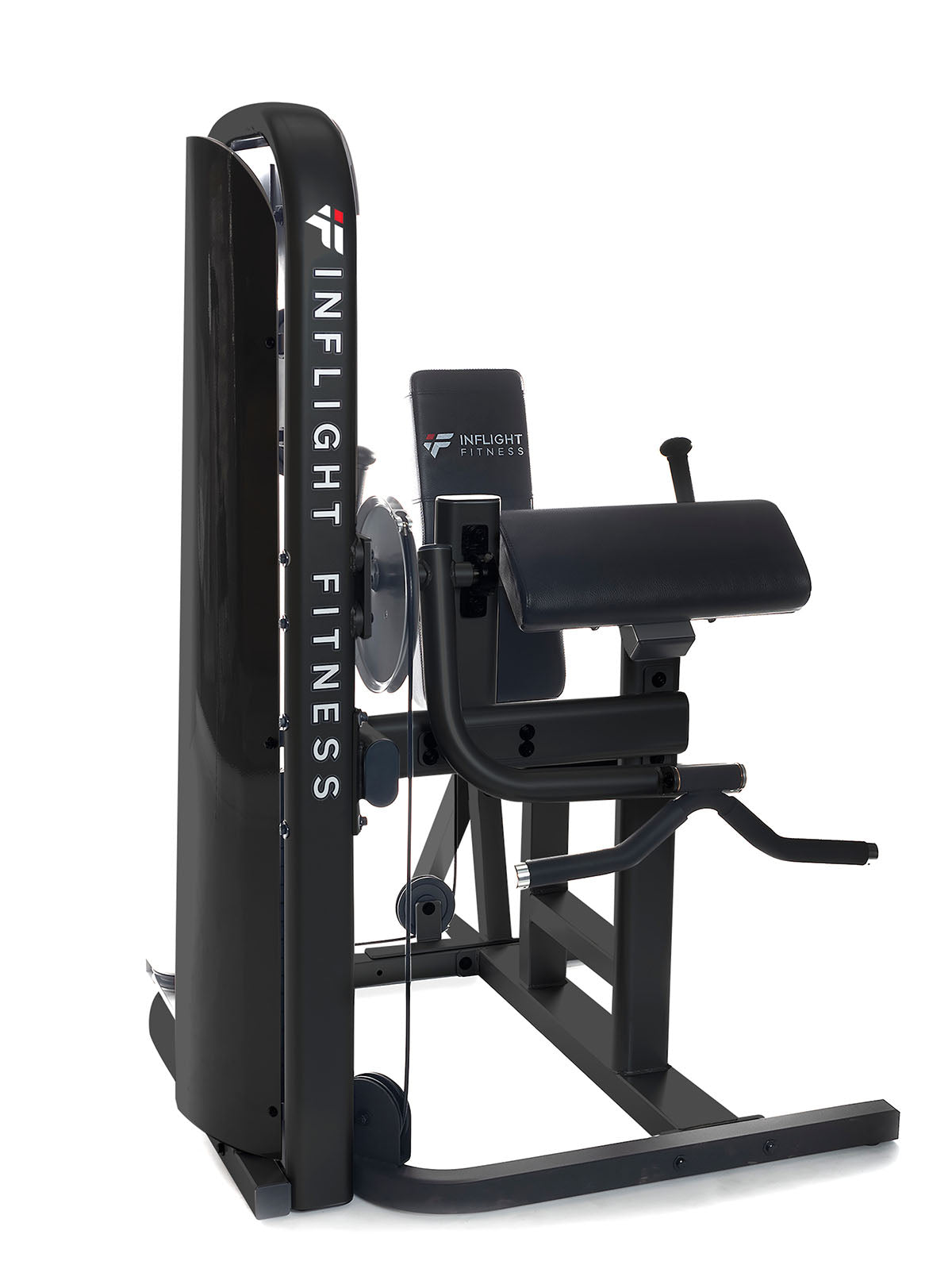 Dual-function bicep and tricep machine with a platinum finish, adjustable seat, and non-absorbent foam grips for arm workouts.