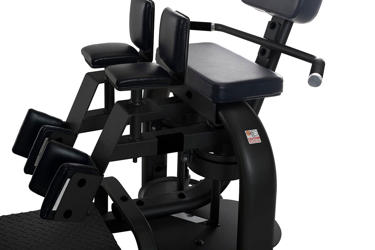 Dual-function thigh workout machine featuring 13 start positions, padded supports, and a platinum finish for home or gym.