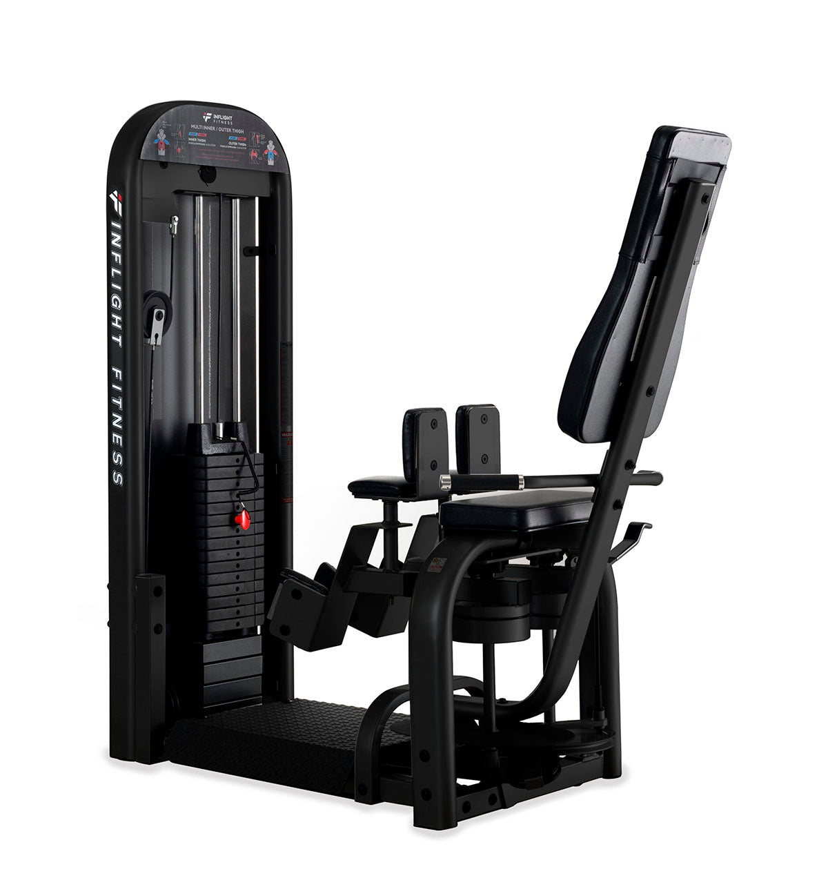 Dual-function thigh workout machine featuring 13 start positions, padded supports, and a platinum finish for home or gym.