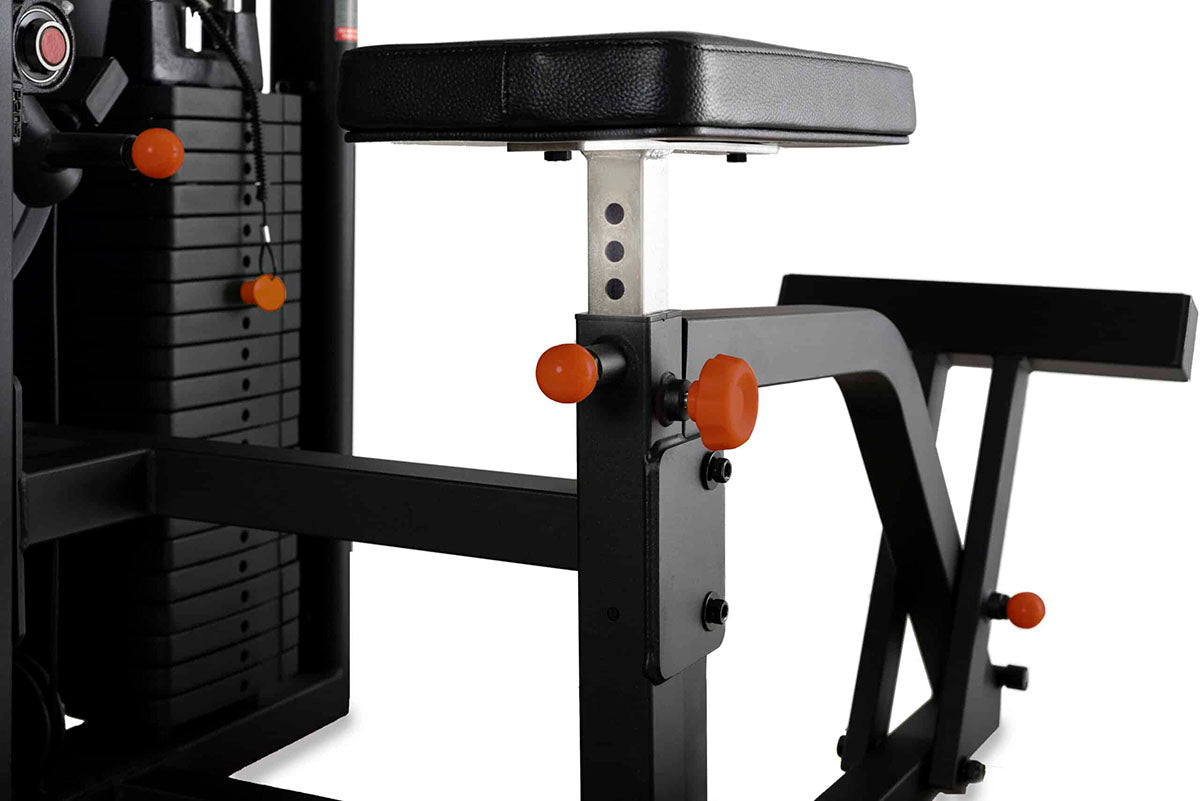 Dual-function ab and back machine featuring a 200lb weight stack, adjustable foot braces, and a platinum powder-coated finish.