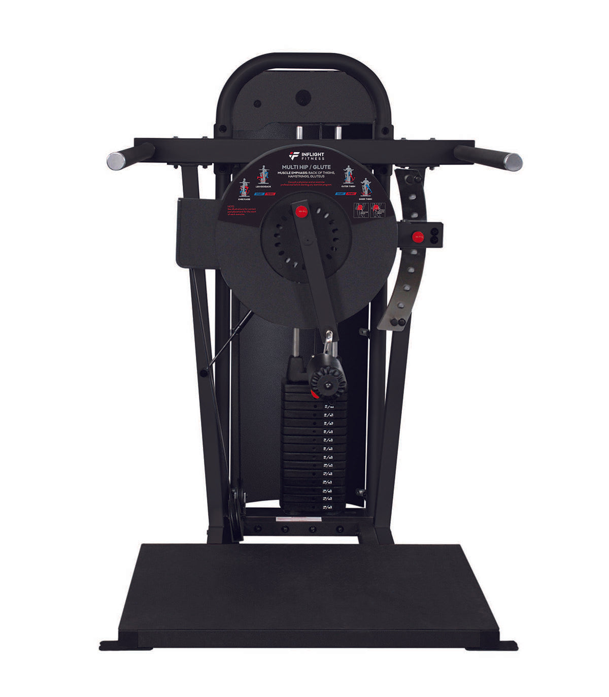 Compact hip glute machine with a 150lb weight stack and steel shrouds designed for intense lower body training.