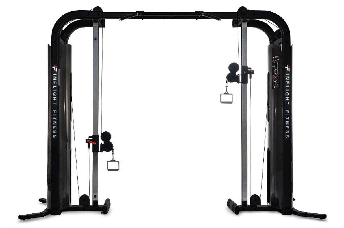 Compact commercial cable crossover with integrated monkey bars and 17 adjustable height positions for total body relief.