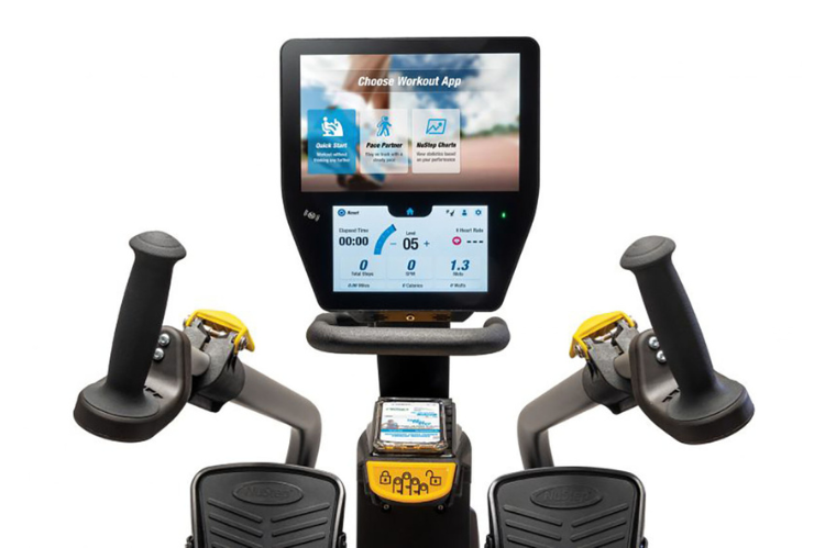 A heavy-duty recumbent cross trainer with adjustable arm handles and oversized foot pedals for a custom total-body workout.