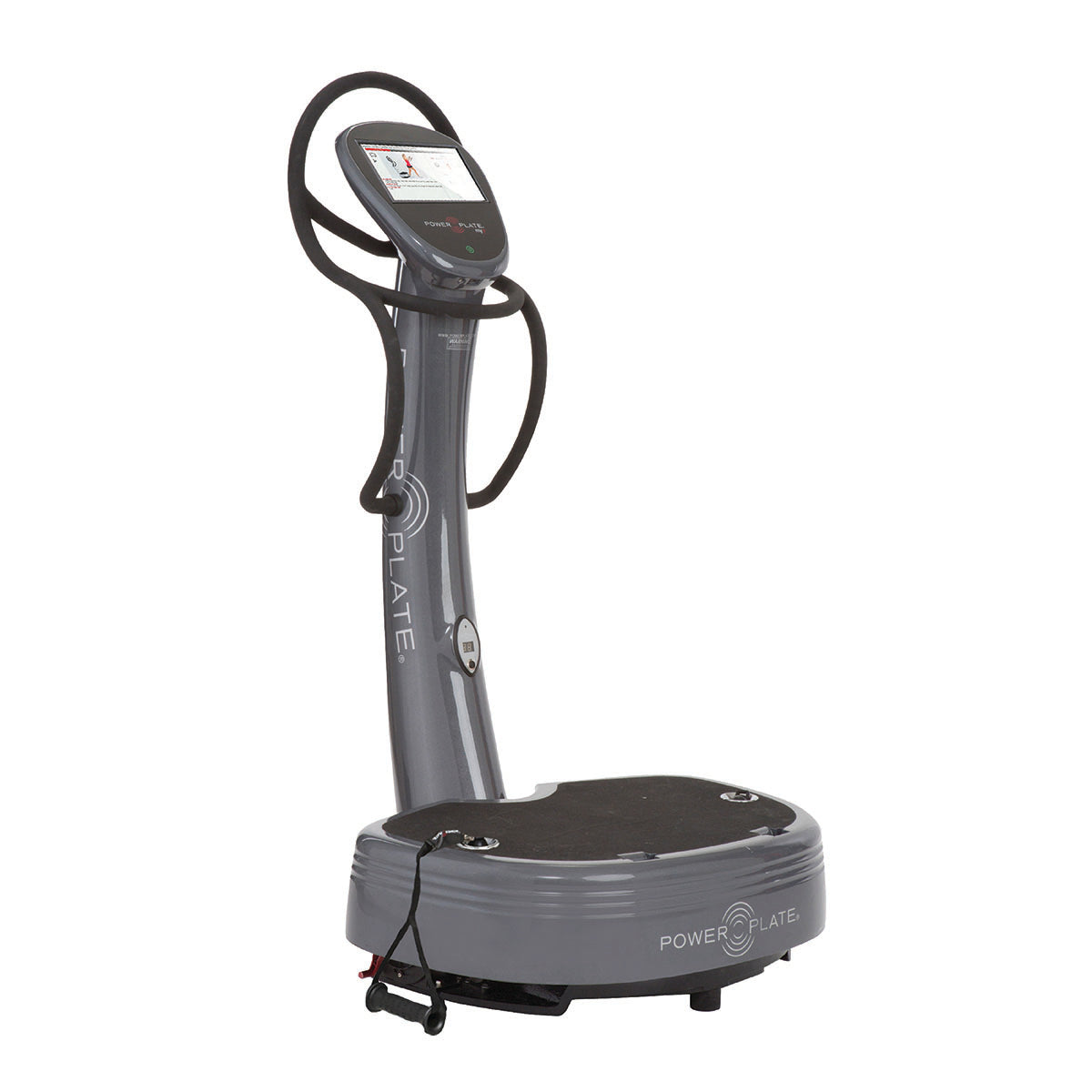 Power plate machine My7 featuring an integrated LCD touchscreen and retractable resistance training handles.