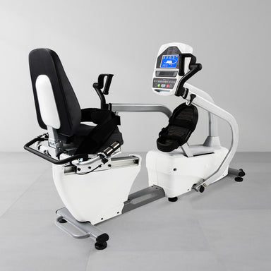 Spirit recumbent stepper 7.5S showing direct wheelchair access and a removable 360-degree rotating seat for ADA compliance.
