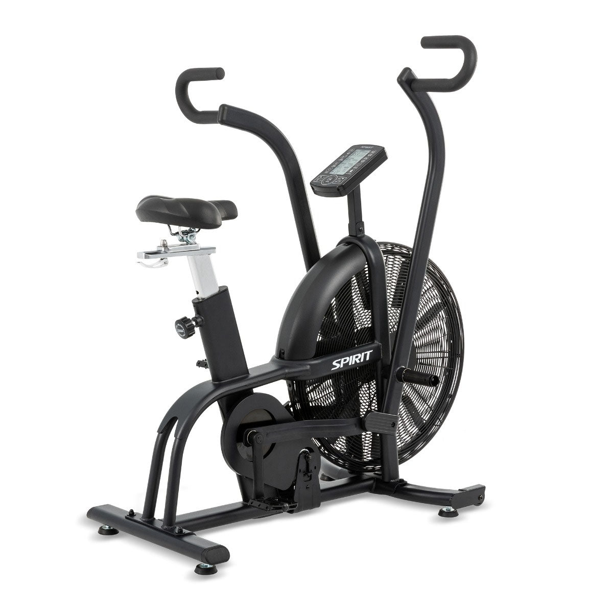Spirit exercise bike AB950 airbike featuring a 27 inch 9-blade fan and multi-position swing arm handlebars for total body.