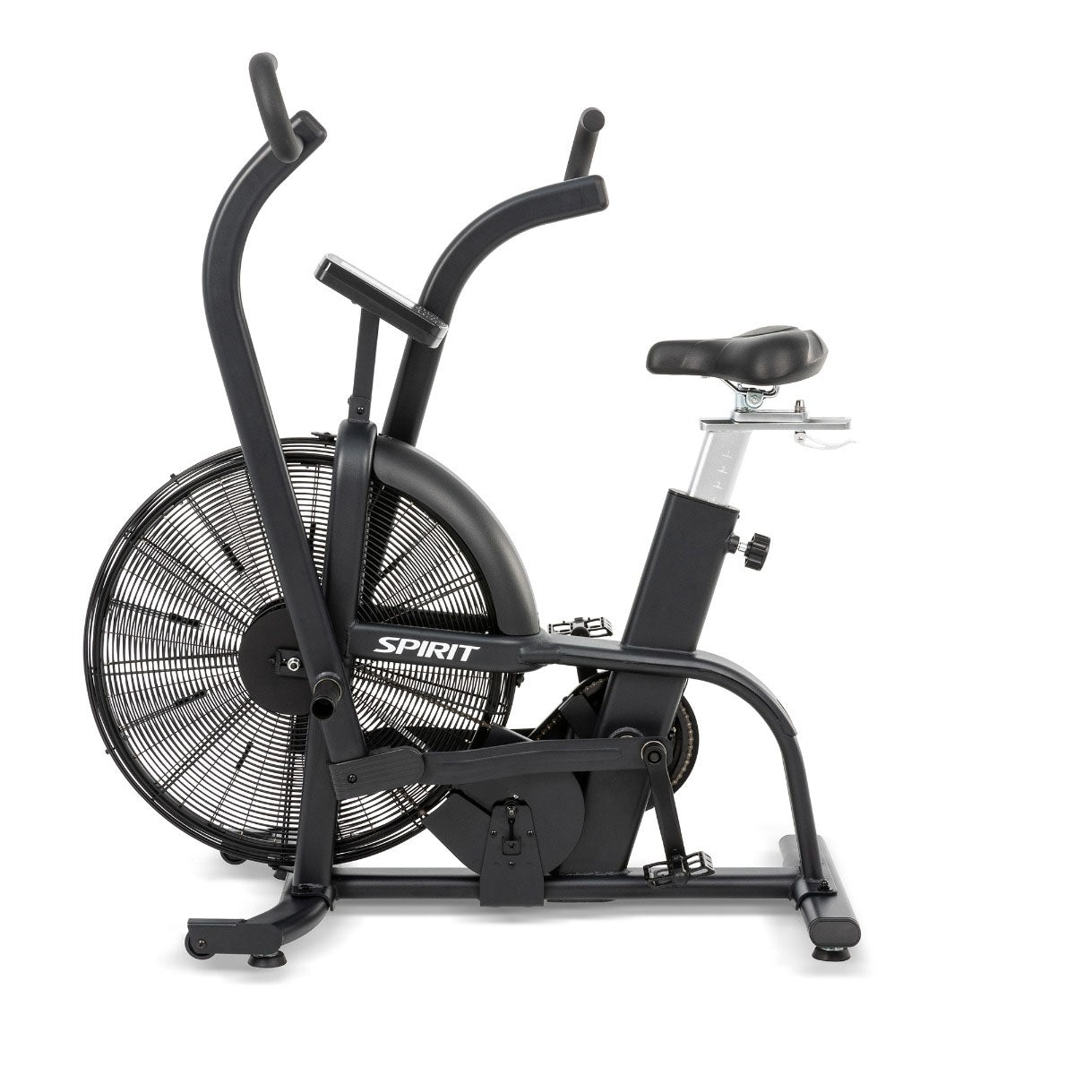Durable commercial stationary bike with a contoured adjustable seat, integrated windscreen, and transport wheels.