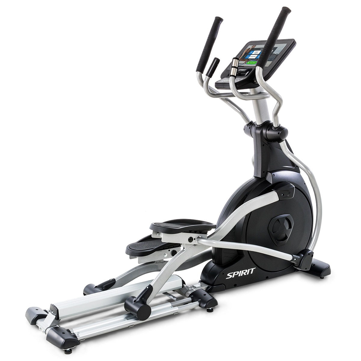 Spirit fitness elliptical CE800ENT with a heavy-duty steel frame, USB charging port, and built-in cooling fan for users.