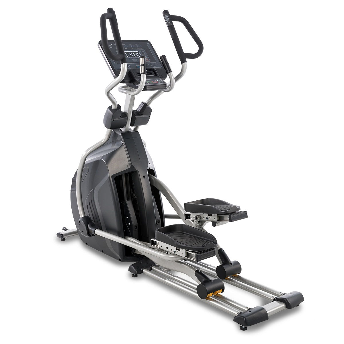 Spirit fitness elliptical CE850 featuring adjustable stride technology and a compact front-drive commercial steel frame.