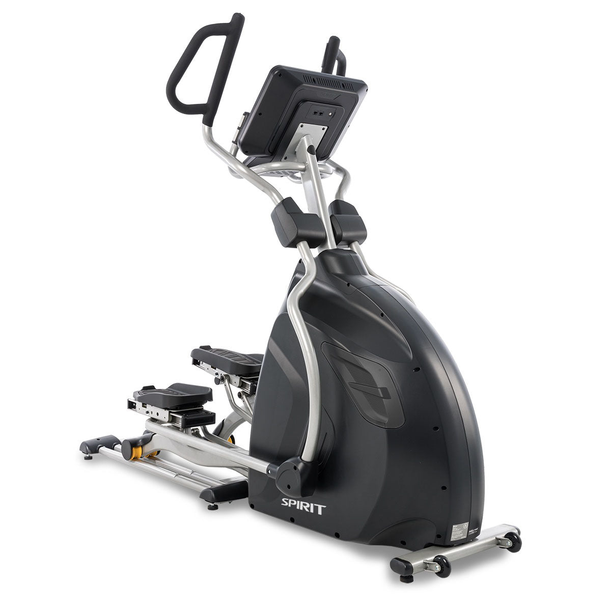 Spirit fitness elliptical CE850 featuring adjustable stride technology and a compact front-drive commercial steel frame.