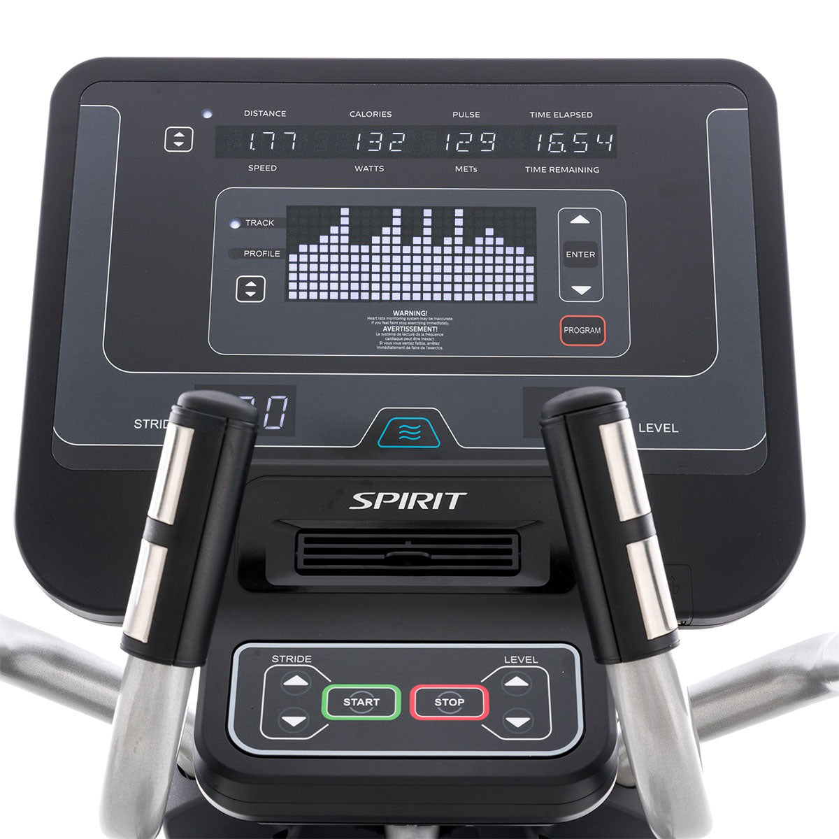 Spirit fitness elliptical CE850 featuring adjustable stride technology and a compact front-drive commercial steel frame.