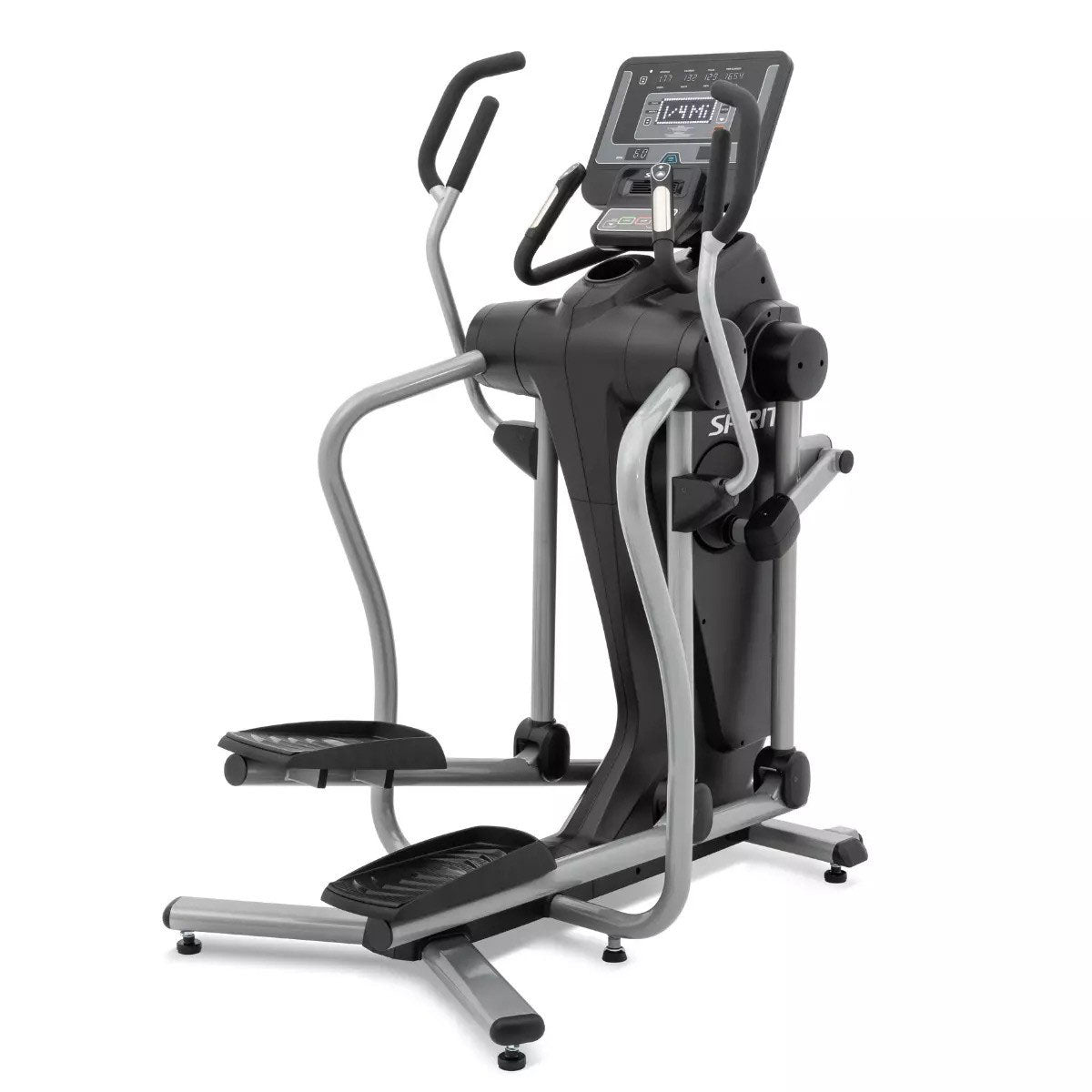 A Spirit Fitness elliptical with a trackless suspension design and LED console for quiet, high-performance cardio workouts.