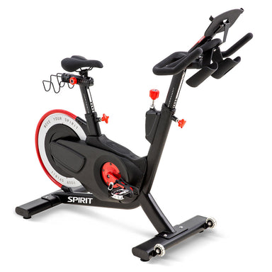 Spirit CIC850 commercial indoor cycle featuring magnetic resistance and an adjustable tablet holder for 3rd party apps.