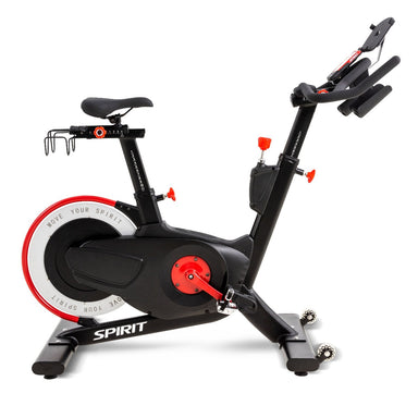 Spirit CIC850 commercial indoor cycle featuring magnetic resistance and an adjustable tablet holder for 3rd party apps.
