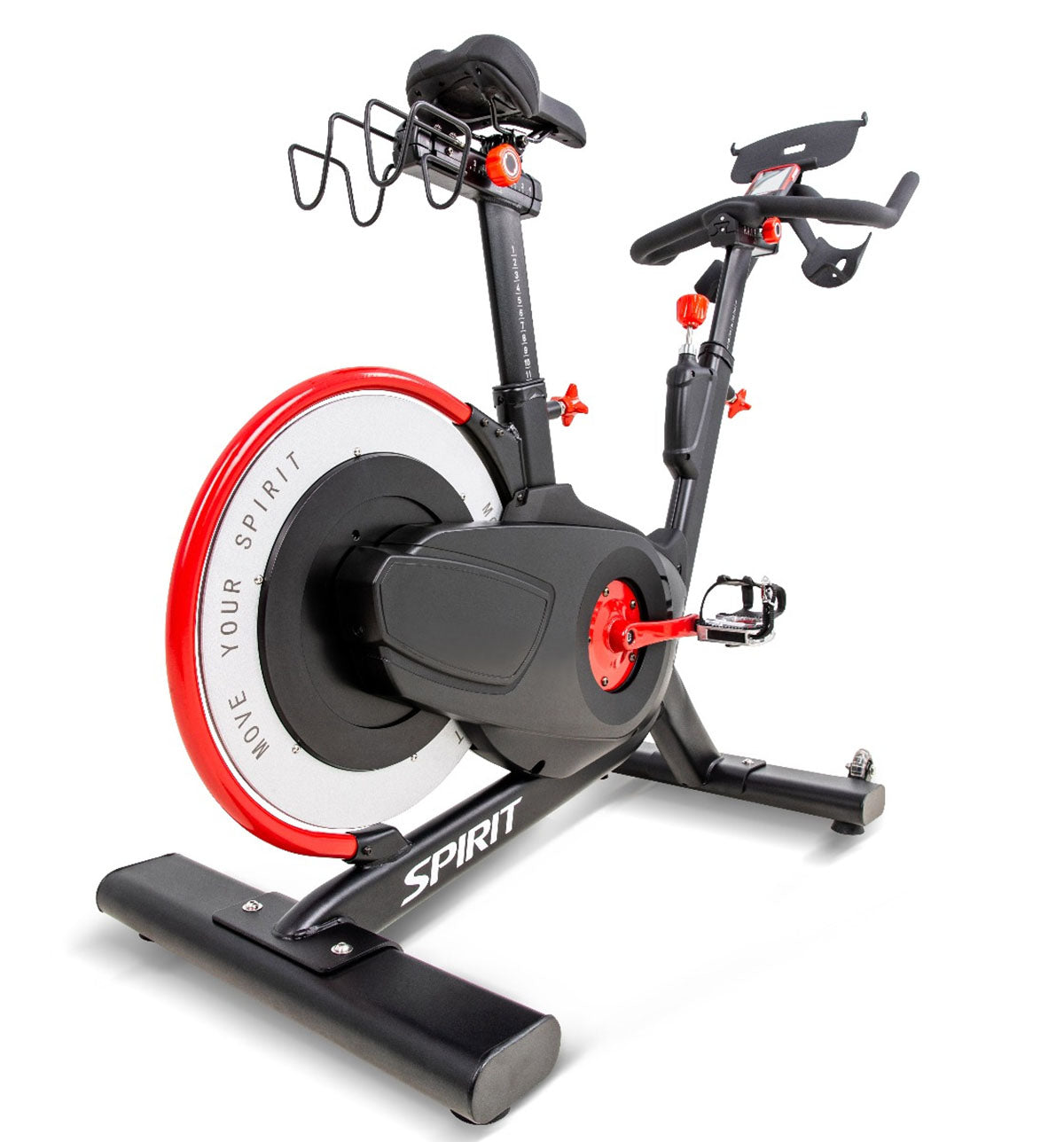 High-performance spirit fitness bike with 4-way seat adjustability and integrated dumbbell holders for cross-training.