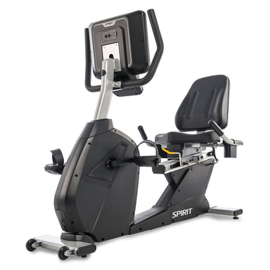 Spirit recumbent bike CR800 featuring a step-through frame and adjustable seat for easy commercial gym accessibility.