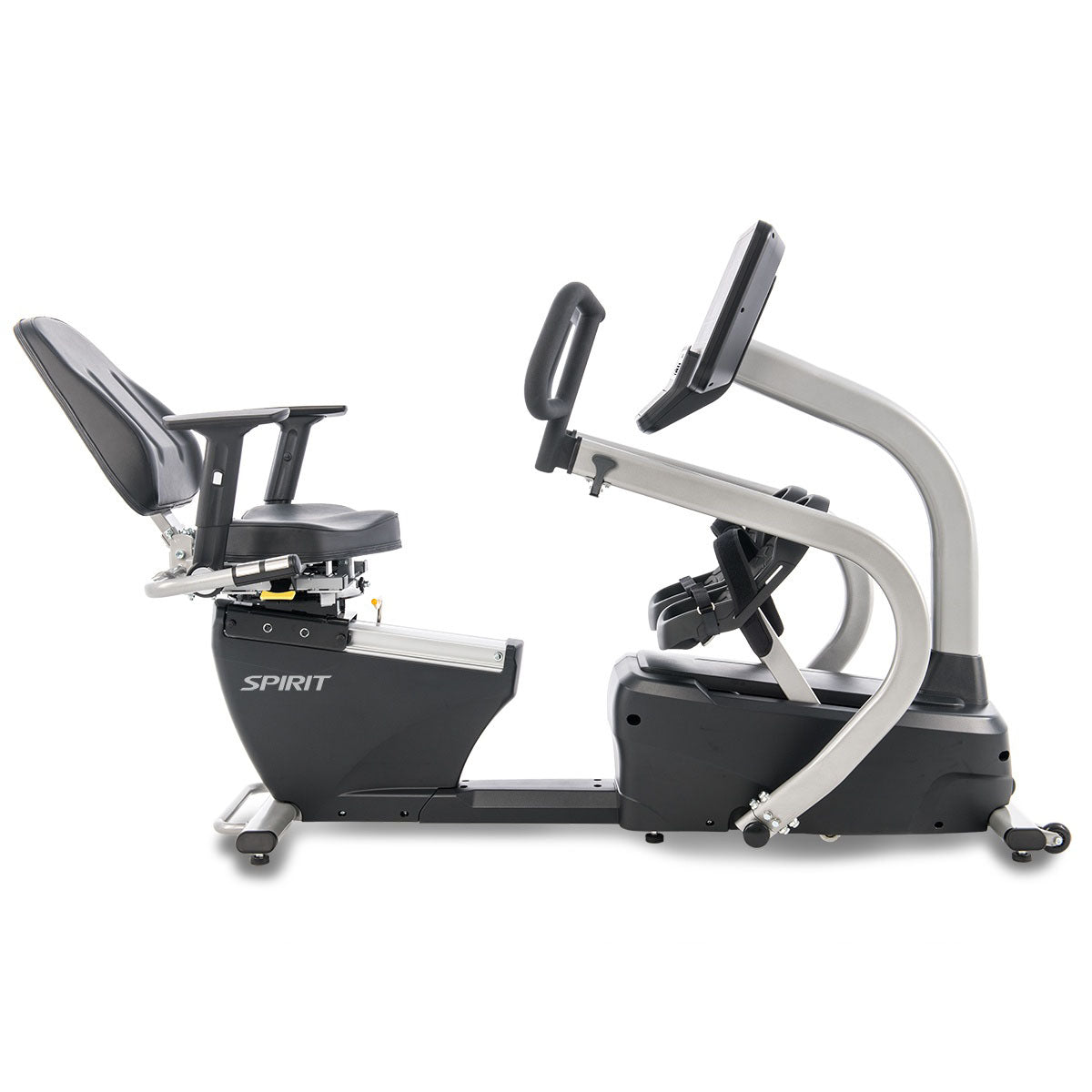 Comfortable recumbent stepper with swiveling seat and advanced console designed for commercial fitness and rehabilitation use.