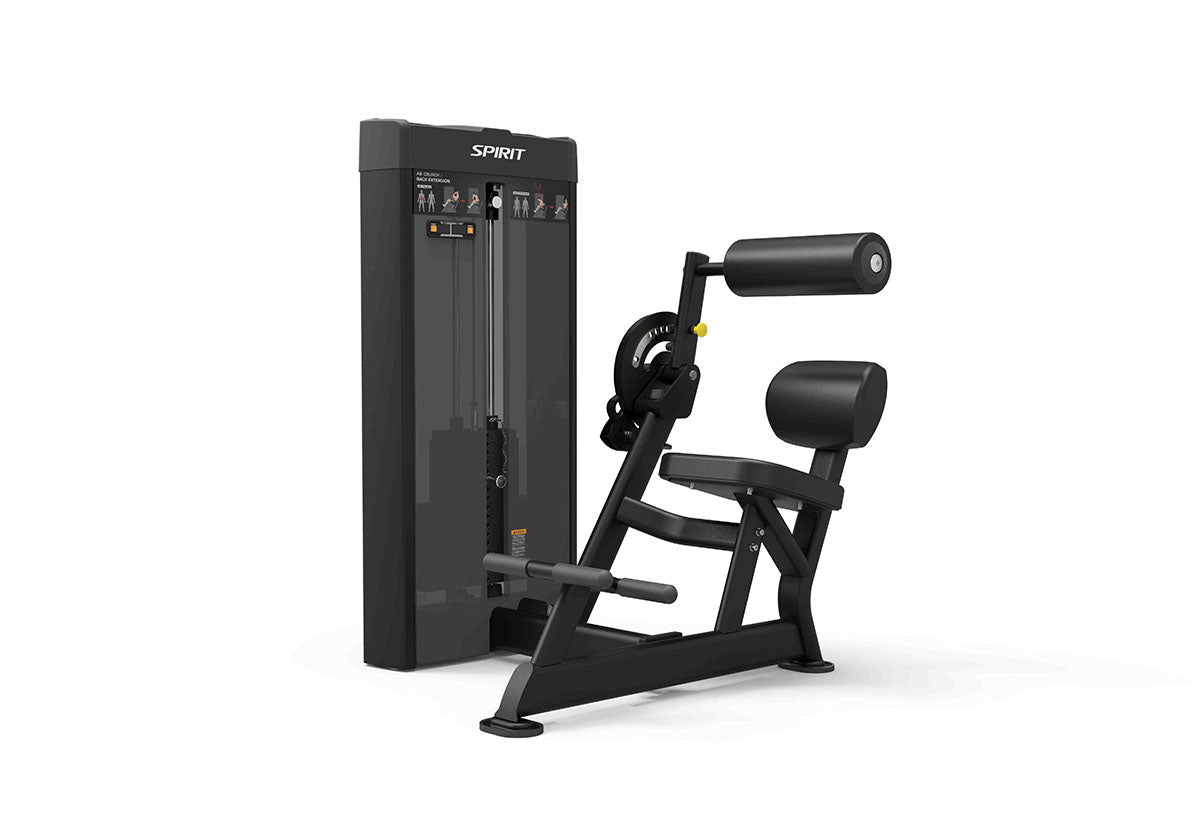 Spirit workout machine featuring an adjustable roller pad and dual foot bars for stabilized abdominal and back exercises.