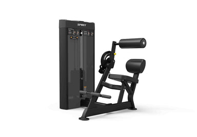 Spirit workout machine featuring an adjustable roller pad and dual foot bars for stabilized abdominal and back exercises.