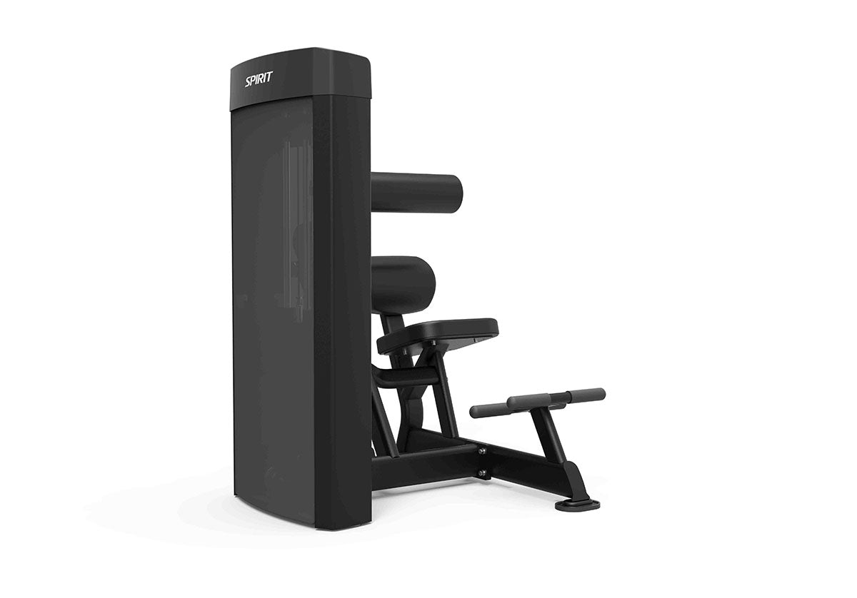 Spirit workout machine featuring an adjustable roller pad and dual foot bars for stabilized abdominal and back exercises.