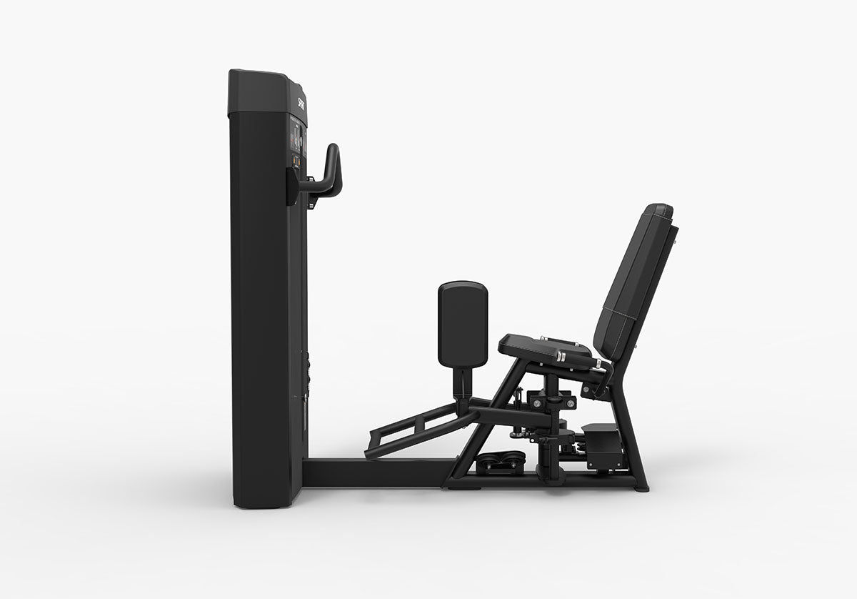 Professional inner thigh outer thigh machine with pivoting thigh pads and integrated digital rep counter for leg training.