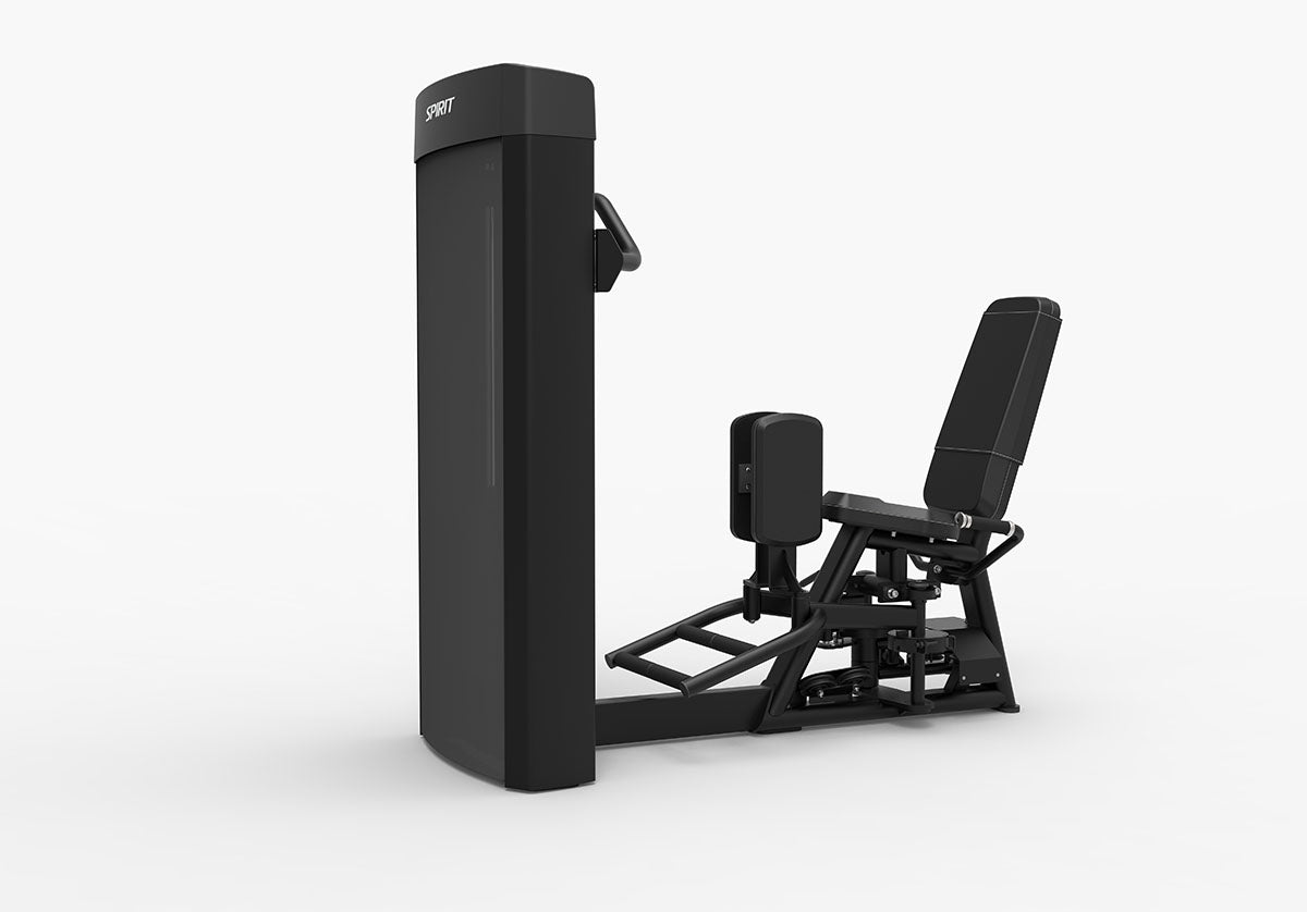 Commercial spirit fitness equipment showing the dual inner and outer thigh station with entry assistance bar and storage.
