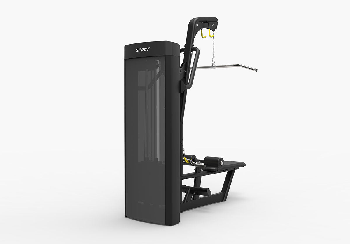Spirit Dual CSD-LPSR lat pulldown and seated row machine with 360 lb weight stack and adjustable pull bar for gym strength.