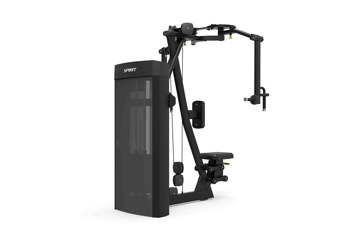 Professional pec fly rear delt machine featuring dual-action arms and adjustable gas-assisted seat for upper body training.