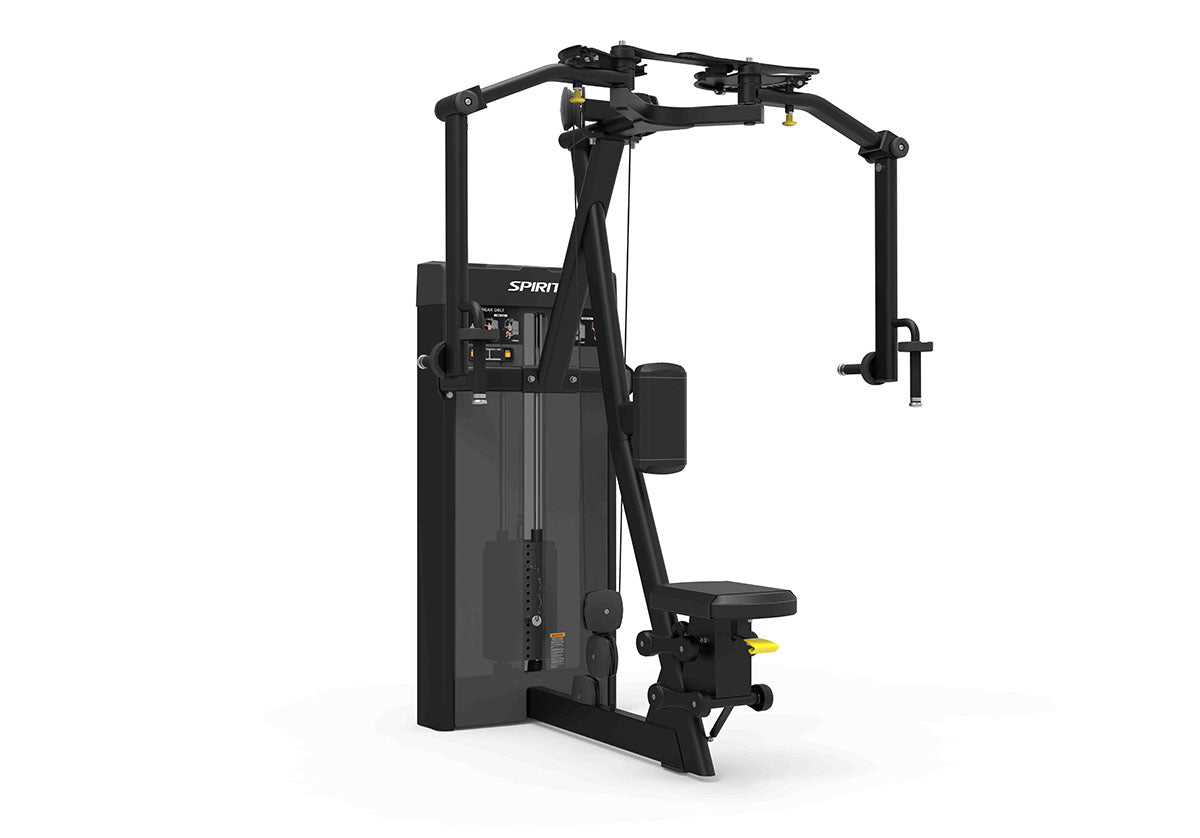 Professional pec fly rear delt machine featuring dual-action arms and adjustable gas-assisted seat for upper body training.