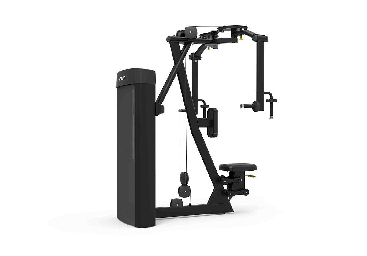 Commercial-grade spirit fitness equipment showing the CSD-PFRD pec fly and rear delt station with integrated rep counter.