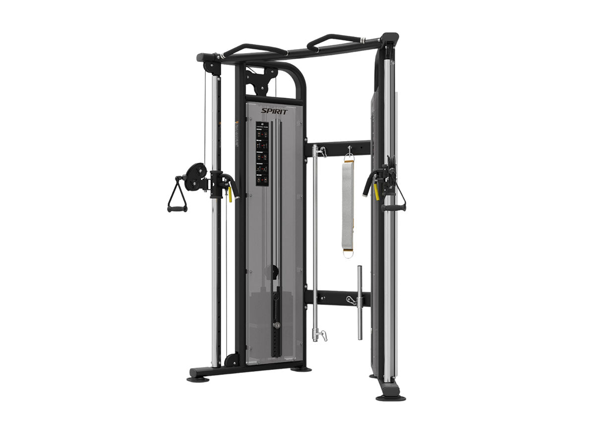 Spirit CSF-FUNT is a Spirit Fitness functional trainer featuring dual weight stacks, pull-up grips, and a heavy-gauge steel frame for strength.