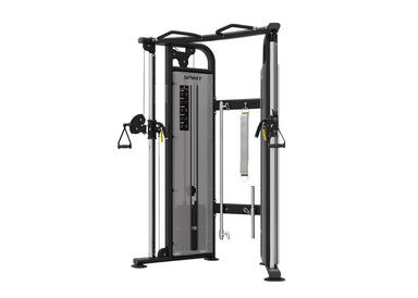 Spirit CSF-FUNT is a Spirit Fitness functional trainer featuring dual weight stacks, pull-up grips, and a heavy-gauge steel frame for strength.