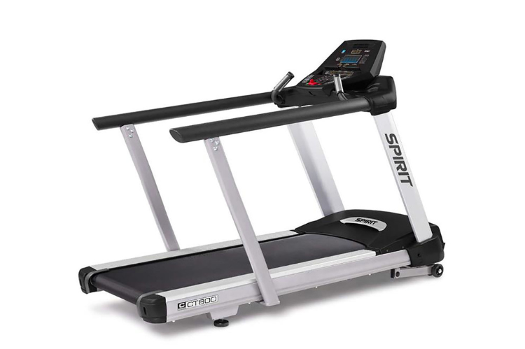Spirit treadmill CT800 featuring full-length medical handrails and a heavy-duty steel frame for maximum commercial durability.