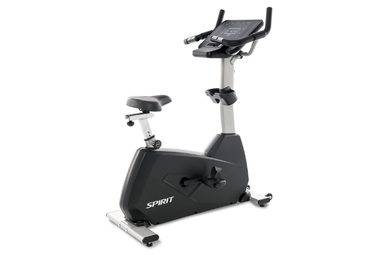 Spirit CU800 commercial upright bike with a heavy-duty steel frame and multi-position handlebars for heart rate monitoring.