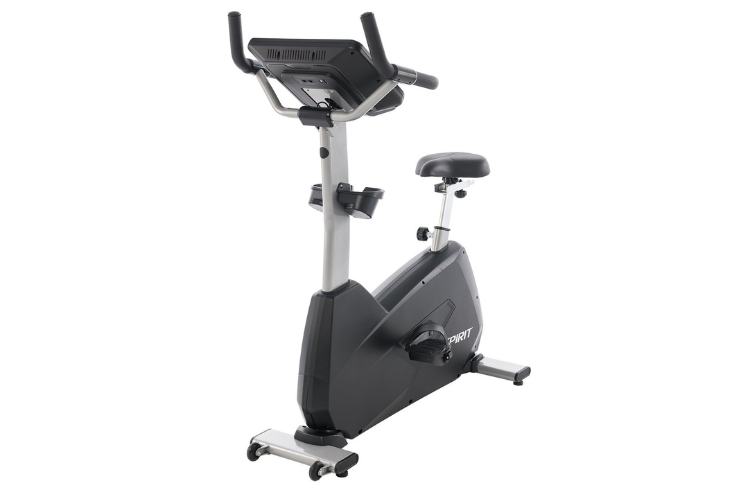 Spirit CU800 commercial upright bike with a heavy-duty steel frame and multi-position handlebars for heart rate monitoring.